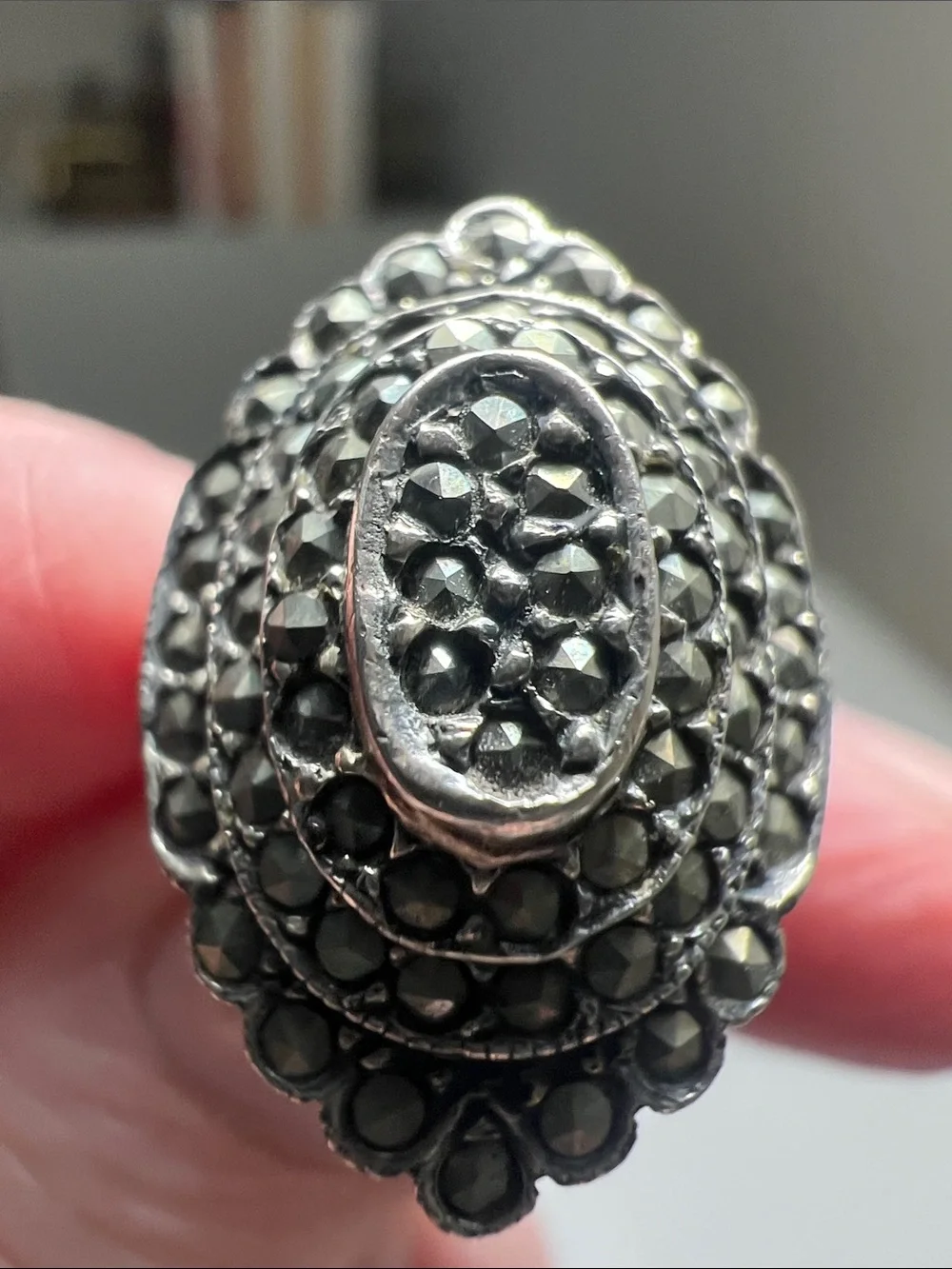 Unique Silver- Tone Black Marcasite Stones in an Oval Cluster Ring Vintage